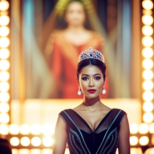 An image of a confident pageant contestant standing on stage, poised and articulate, while answering a challenging question from the judges with grace and eloquence