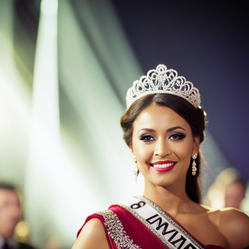 An image of a close-up shot of a pageant contestant's perfectly styled hair and sparkling tiara, with a soft focus background of a crowded auditorium and flashing camera lights