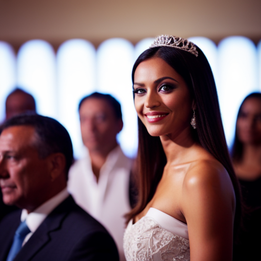 An image of a confident pageant contestant standing on stage, with a panel of judges asking challenging questions