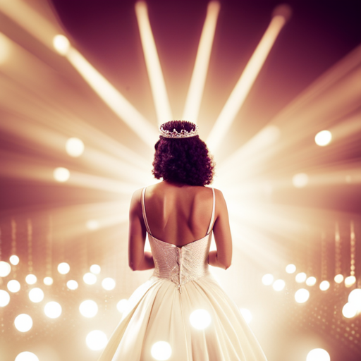 An image of a sequined ball gown with a crown and sash, displayed on a mannequin, surrounded by bright stage lights and a backdrop of a crowded auditorium