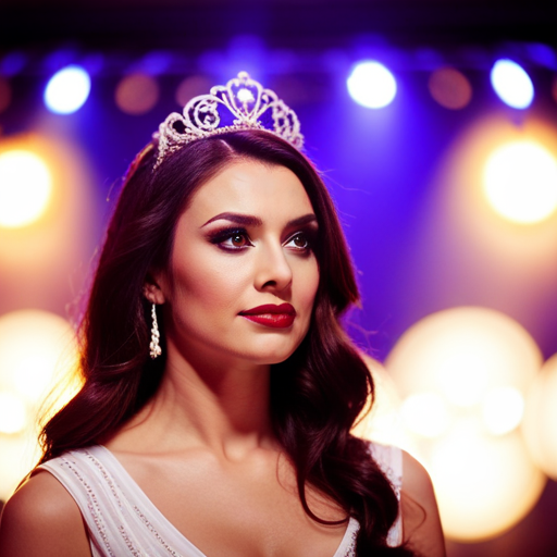 An image of a beauty pageant contestant practicing a talent routine, with a focused and determined expression, wearing a glamorous outfit and surrounded by stage lights and a supportive audience