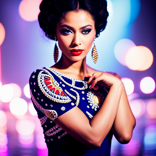 An image of a pageant contestant wearing a bold patterned skirt with a solid color top, statement jewelry, and a contrasting clutch, showcasing the art of mixing and matching in pageant fashion