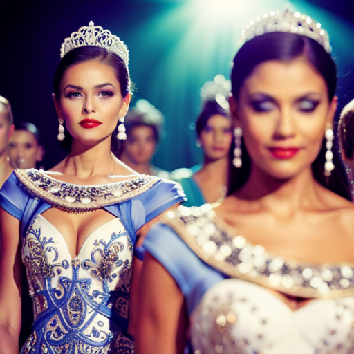 An image of a pageant stage with contestants wearing extravagant designer gowns, sparkling with embellishments and intricate details