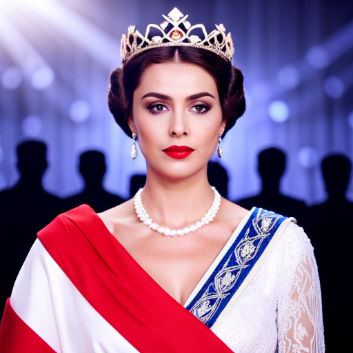 An image of a woman in a sash and crown standing in front of a podium with political symbols and flags in the background, blending the worlds of pageantry and politics