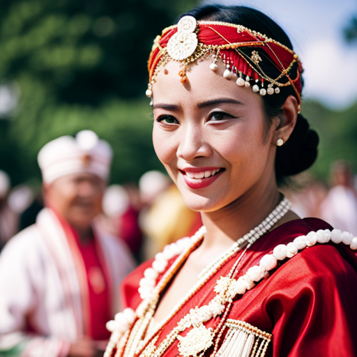 An image of a traditional national costume from a specific country, focusing on the intricate details of the fabric, embroidery, and accessories